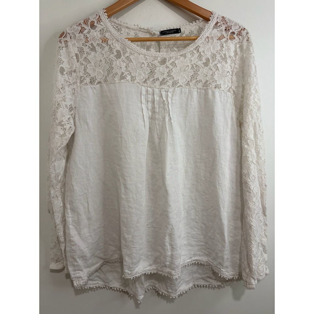 Lungo L'Arno White 100% Linen Lace Blouse Sz L‎ Cottagecore Coastal Luxury Italy